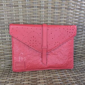 Toms Envelope Style Coral Leather Clutch Tablet Pouch Bag Floral Embossed Wallet